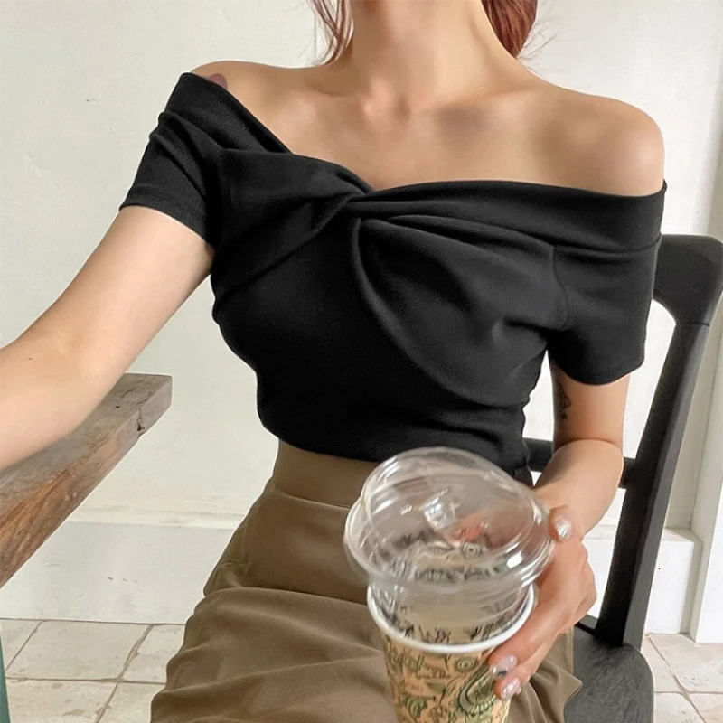 2025 Off Shoulder Sexy Shirt Women T-Shirt Short Sleeve Korean Style Slim Basic Elasticity Top Womens Cropped T Shirt Femme 250614