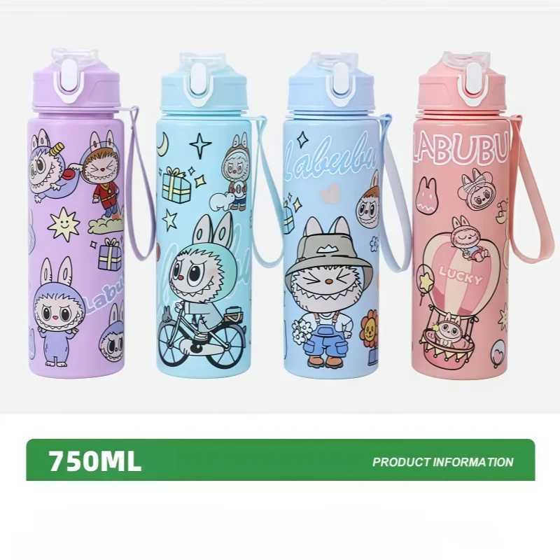 750ml Labubu Water Bottle With Straw Sippy Cup Leakproof Plastic Water Bottles For Outdoor Sports Camping Drink Cup XJ250616