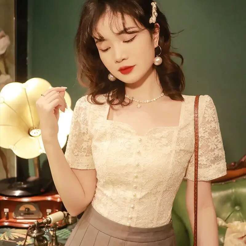 White with Short Sleeve Shirts Blouses for Women Summer Woman Top Sexy Embroidery Vintage Aesthetic Youthful Clothes New 2024