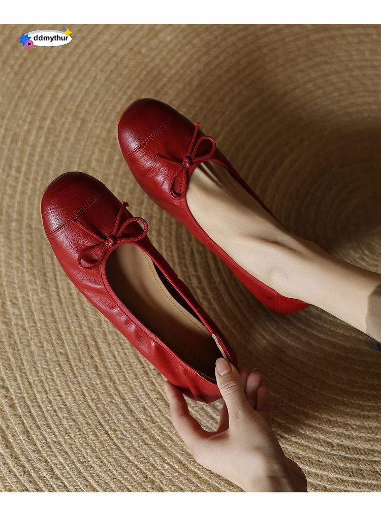 Cowhide Version ~ Shallow Mouth Single for Women, Flat Versatile Bowknot Evening Shoes, Ultra Soft Egg Roll Ballet Shoes ddmythur