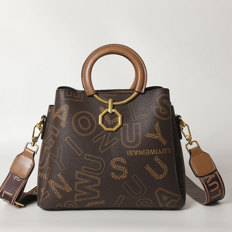 designer High-end Fashion Wide Strap Handheld Bucket Bag for Women 2025 New Vintage Print Shoulder Bag Crossbody Bag for Women