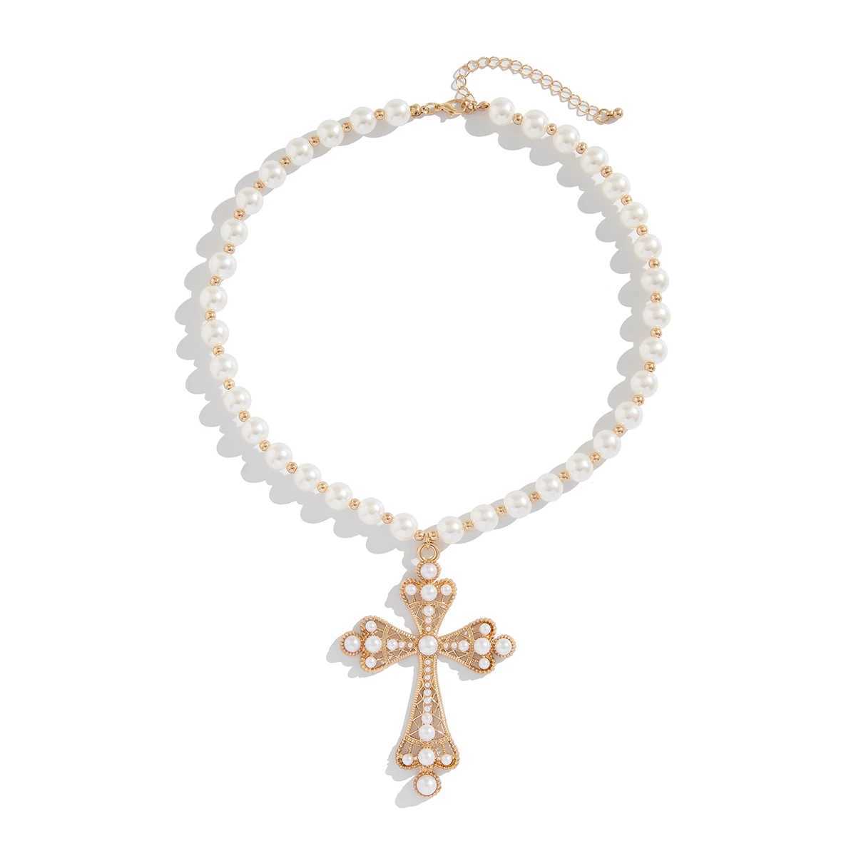 New Arrival Ingemark Punk Big Cross Jesus Pendant Choker Necklace for Women Men Goth Imitation Pearl Chain Halloween Male Jewelry Gift New V250616