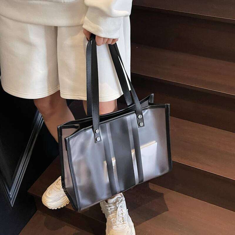 Summer Hot Transparent Shoulder Bag Set For Women 2-In-1 PVC Striped Large Capacity Shopping Totes Travelling Beach Handbag