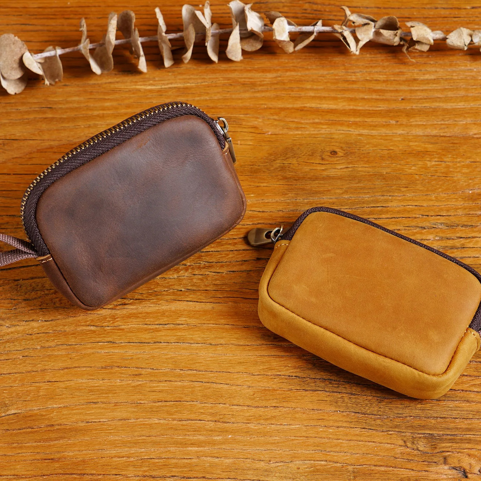 Genuine Leather Coins Purse with Keychain Mini Change Holder Cards Bag Zipper Closure Multifunctional Storage Bag for Men Women 250614