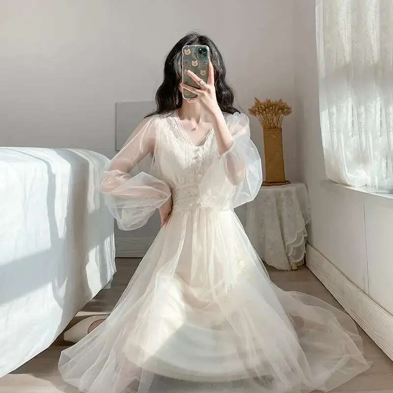Female Dress A Line Beach Korean Style Womens Long Sleeve Dresses New Features of Sensual Sexy Clothes Chic and Elegant Pretty