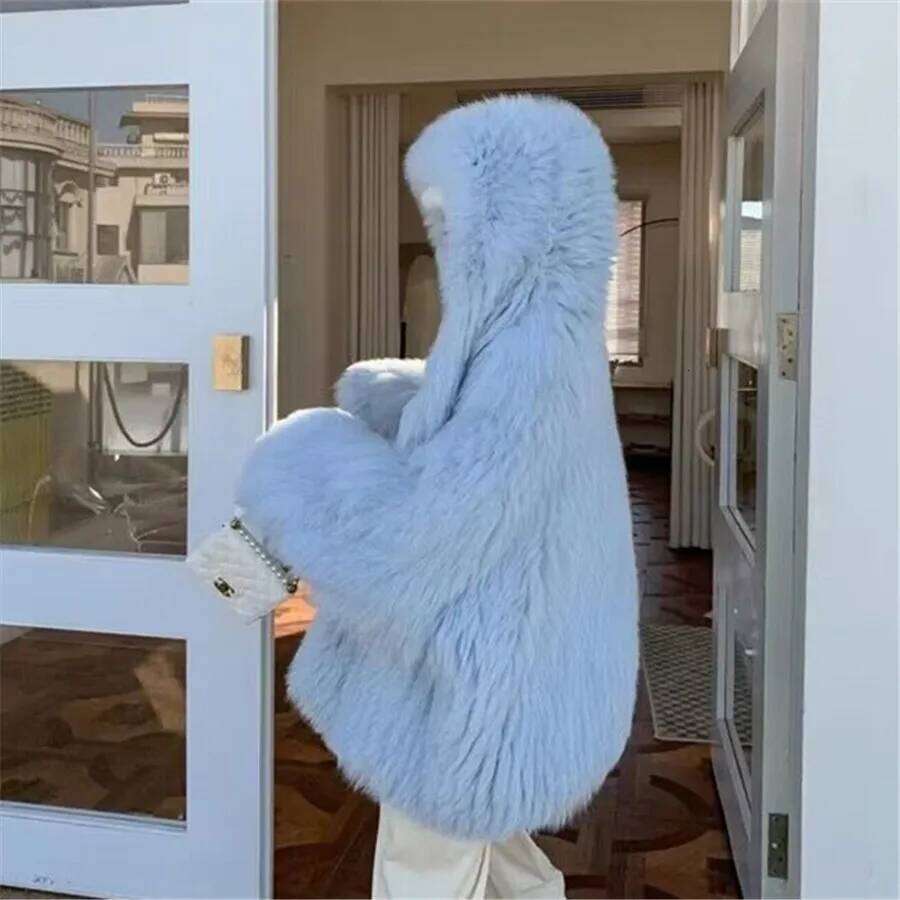 Blue Winter Warm Faux Fur Coat Women Bat Sleeve Thick Plush Fluffy Jacket Ladies Lazy Loose Hooded Outwear Clothing 2023