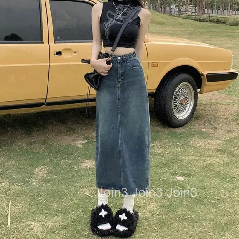 Korean Fashion With Slit Midi Woman Denim Skirt Chic and Elegant Harajuku A Line Luxury Cheap Premium Jeans Skirts for Women