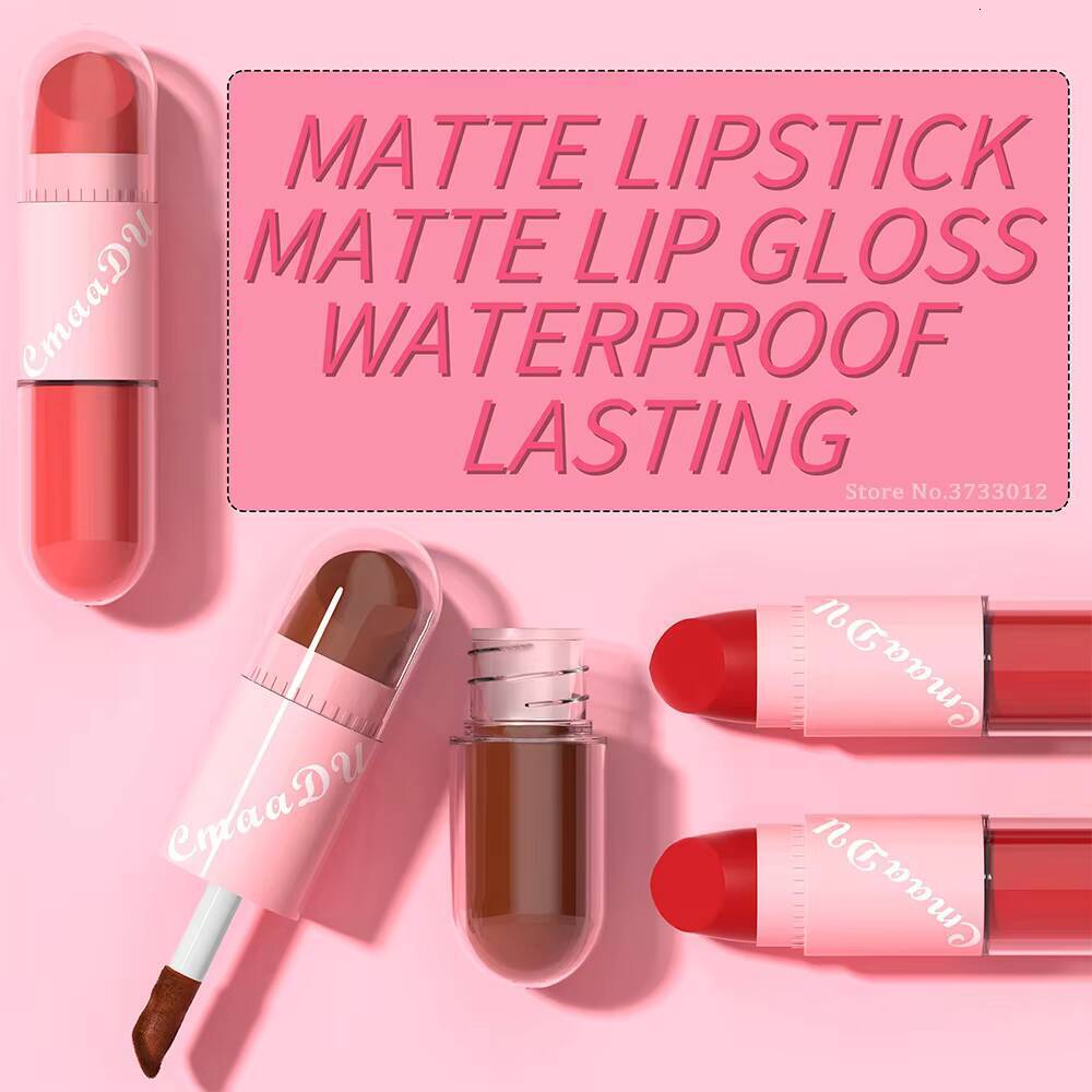 Lipstick Gloss 2-in-1 Matte Color Velvet Glaze Waterproof Long Lasting Non-marking Natural Lip Tint Blam Cosmetic happy