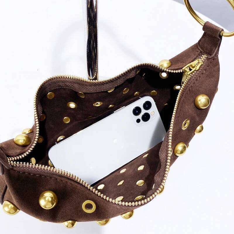 Women's Bags Designer Vintage Slim Faux Suede Crescent Bags For Women Designer Handbags Purses New In Rivet Hollow Small Underarm Shoulder