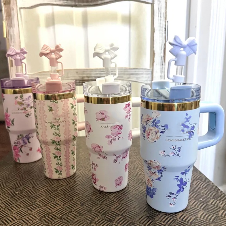 US Warehouse Love Shack Fancy 14 oz Tumbler with Bow Topper 304 Stainless Steel Car Thermos Cup Straw Cup Handle Cup Designer Cup 0616