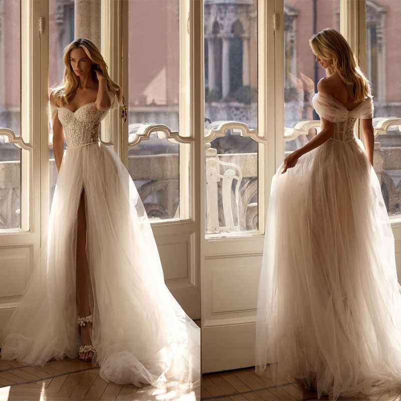 Classic A Line Women Wedding Dress Off Shoulder Sleeveless Bridal Gowns Appliques Split Side Sweep Train Dress Custom Made vestidos de novia