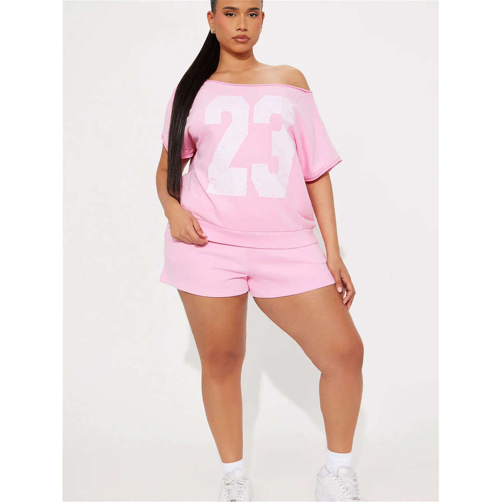 Summer American Style Digital Print Off-Shoulder Asymmetric Neck Top And High-Waisted Bodycon Shorts Set For Women B5