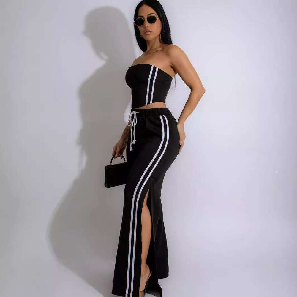 Summer New Solid Color Striped Short Slim Sexy Tube Top Tie Wide Leg Pants Set B5