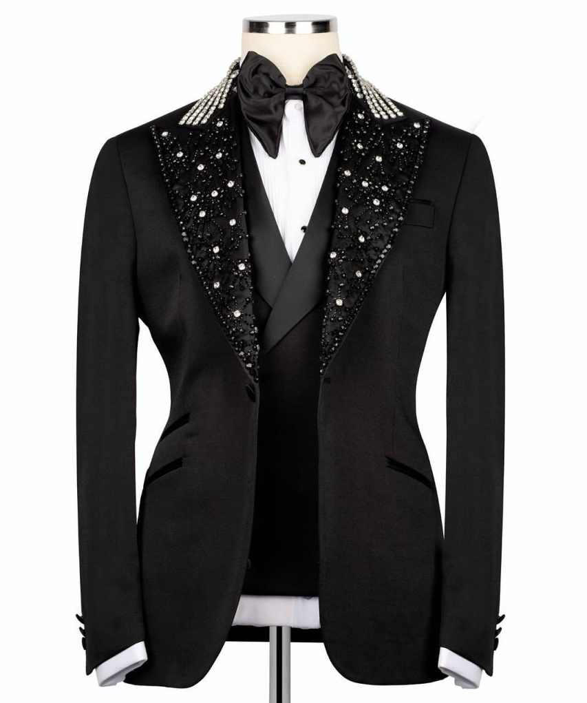 New Fashion Tuxedo Suits Jewelry Stones For Men Slim Fit 3 Pieces Groom Wedding Dresses Customized Single Breasted trajes para hombre Tailor Custom Ma