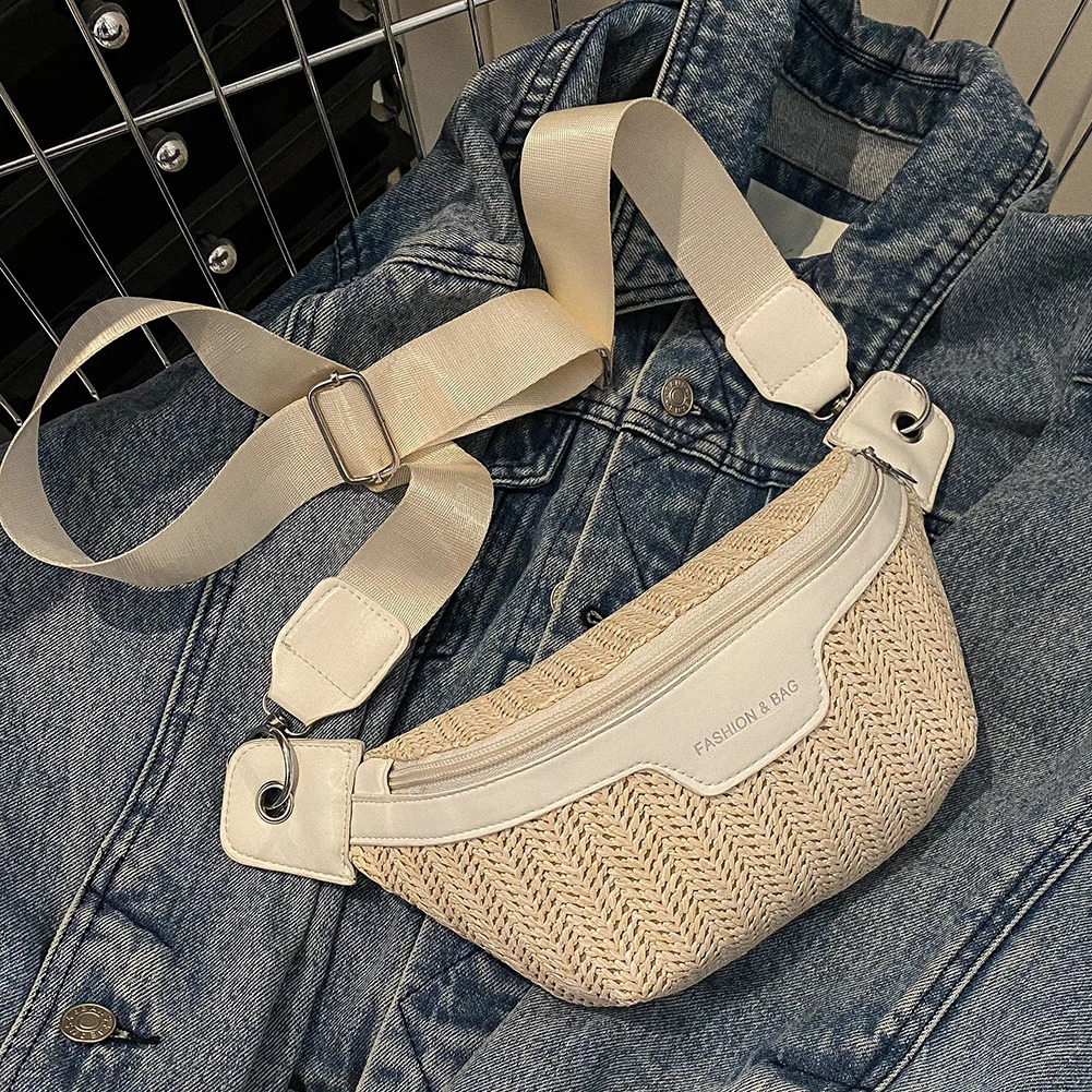 Womens Waist Bags Straw Woven Chest Summer Knitting Banana Wide Shoulder Strap Female Fanny Pack HandWoven Belt Bags 250615
