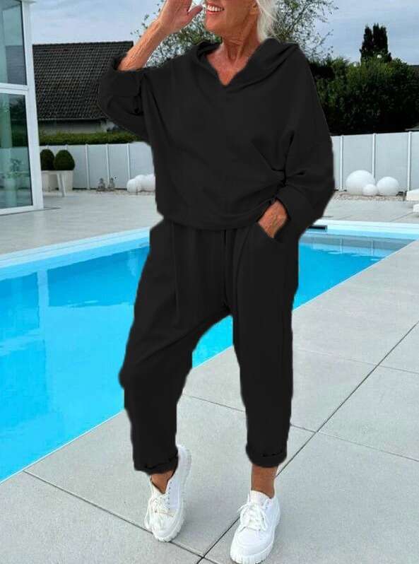 European American Autumn Women's Solid Color Hooded Sweatshirt Two-Piece Set 2025 New Elegant and Unique Fashion