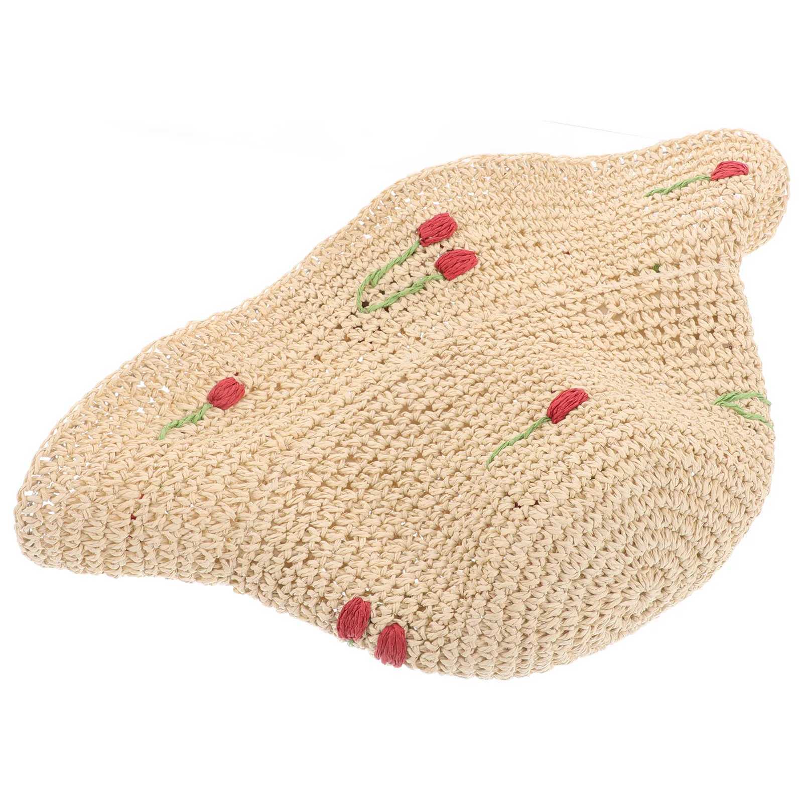 Straw Sun for Women Beach Vacation Wide Brim Bucket Hat Beige Woven Cherry Summer Fashion Comfortable Breathable Sun M250616