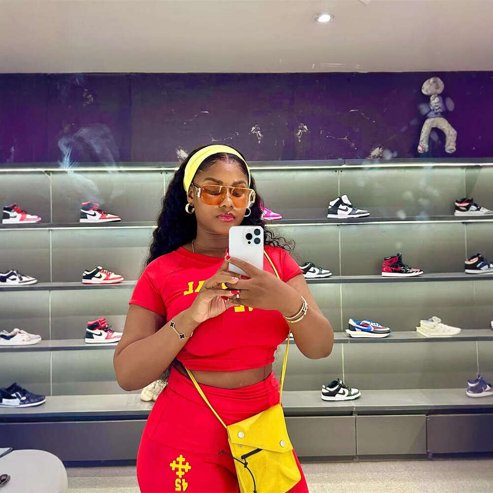 New Sports Style Fashion Printed Slim Fit Sexy Short Sleeve Top And Long Pants Set For Women B5