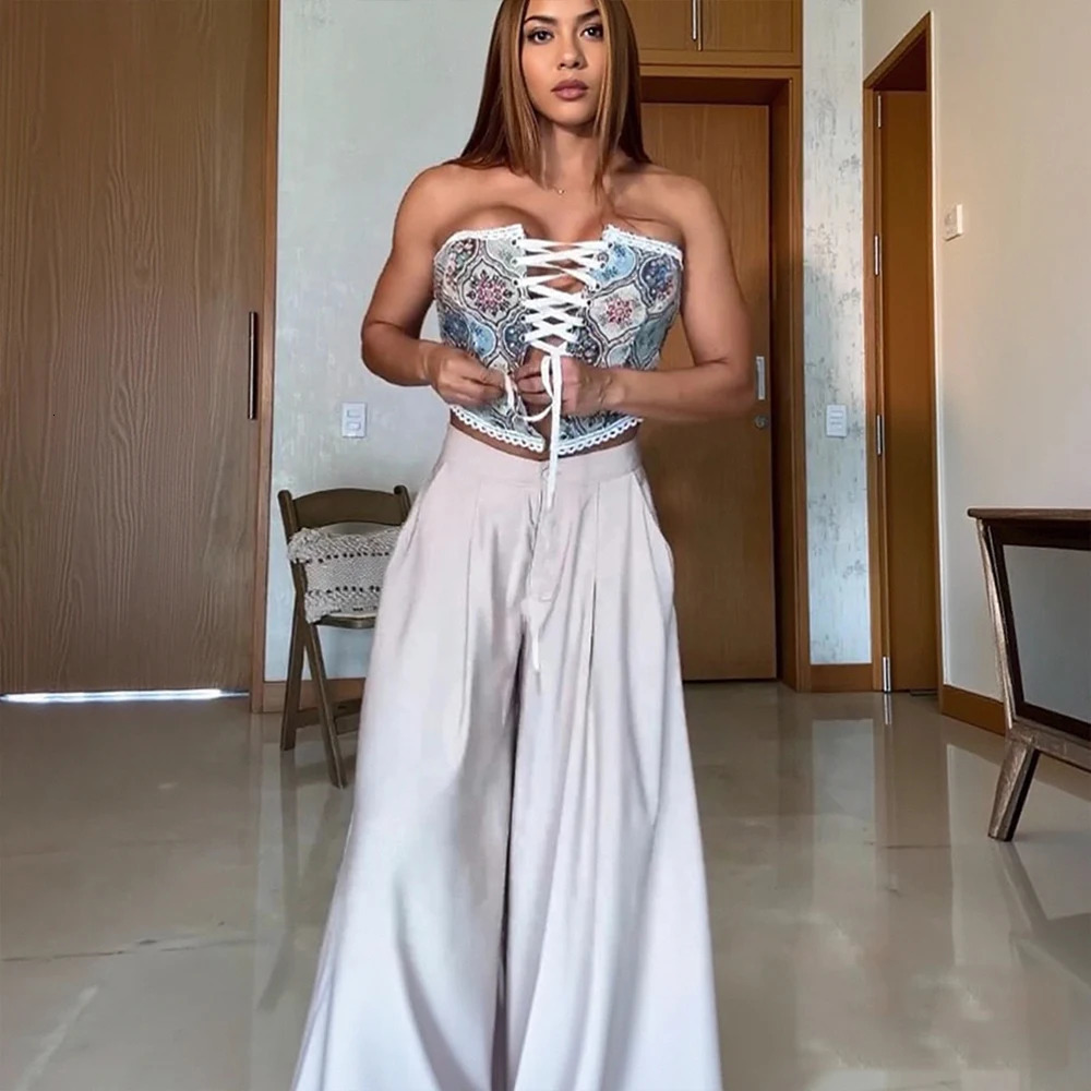 Wefads Women Set Sleeveless Strapless Tops Wide Leg Pants Two 2 Piece Hole Hollow Out Summer Sexy Street Tracksuit 250612