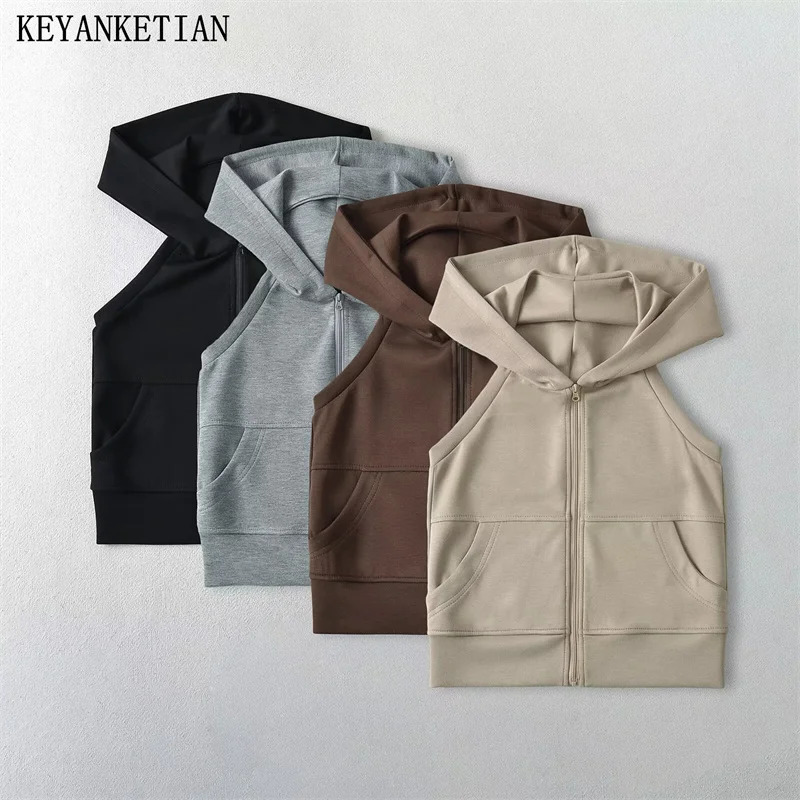 KEYANKETIAN Womens Backless Sleeveless Hoodies Y2K Spicy Girl Kangaroo pocket Zipper Slim Sheath Crop Top Sweatshirts 250612