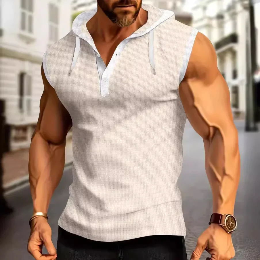 Mens Summer Fashion Outdoor Street Sports Muscle Wind Solid Color Casual Plaid Comfortable Breathable Sleeveless Hoodie Tops 250612