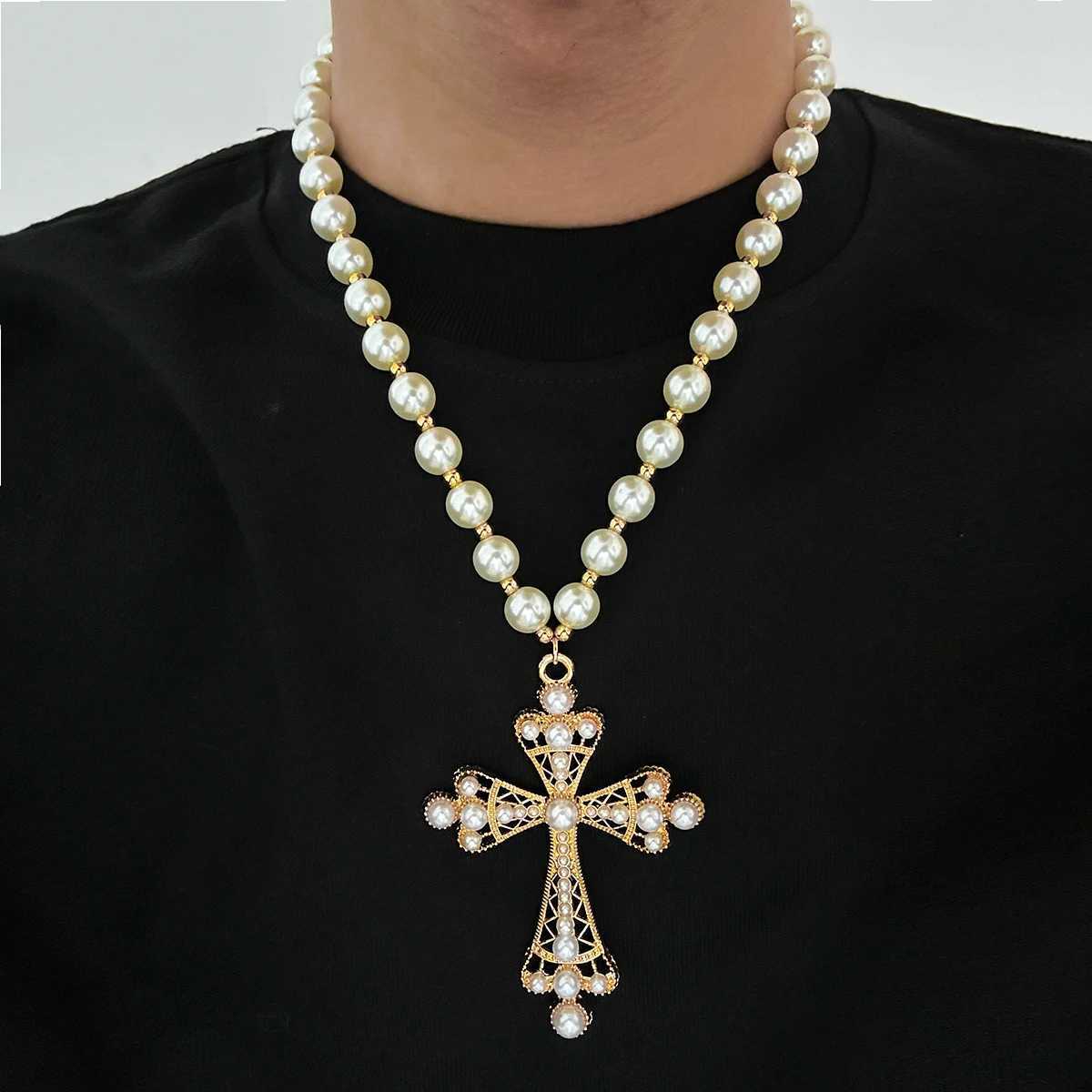 New Arrival Ingemark Punk Big Cross Jesus Pendant Choker Necklace for Women Men Goth Imitation Pearl Chain Halloween Male Jewelry Gift New V250616