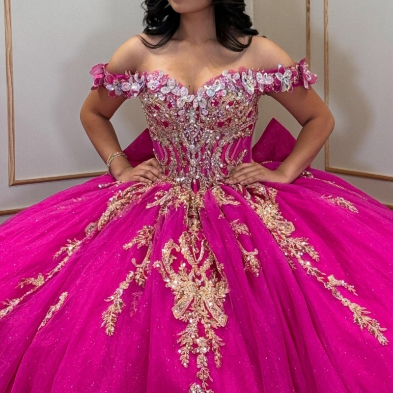 Rose Red Shiny Quinceanera Dresses Ball Gown Off The Shoulder Applique Lace Beading Crystal Bow Tull Sweet 16 Dress Vestidos 15 De Anos