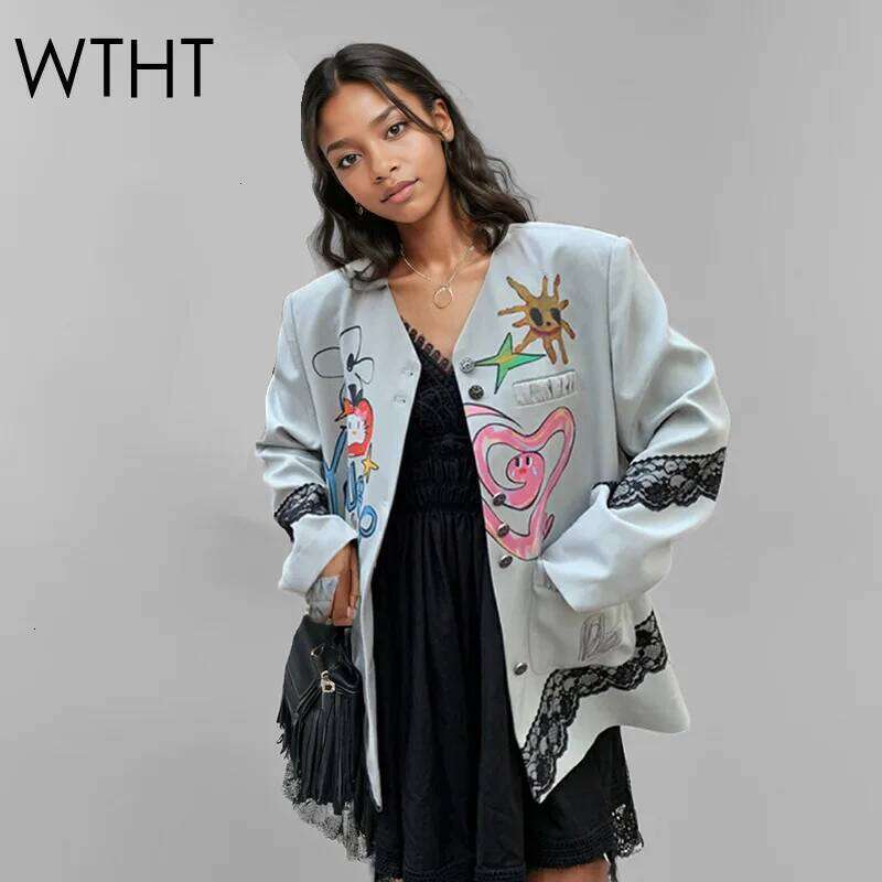 WTHT Trendy New Women Colorful Graffiti Spliced Lace Design Blazer 2025 Spring Fashion Lapel Long Sleeves Jacket Female 1LS1171