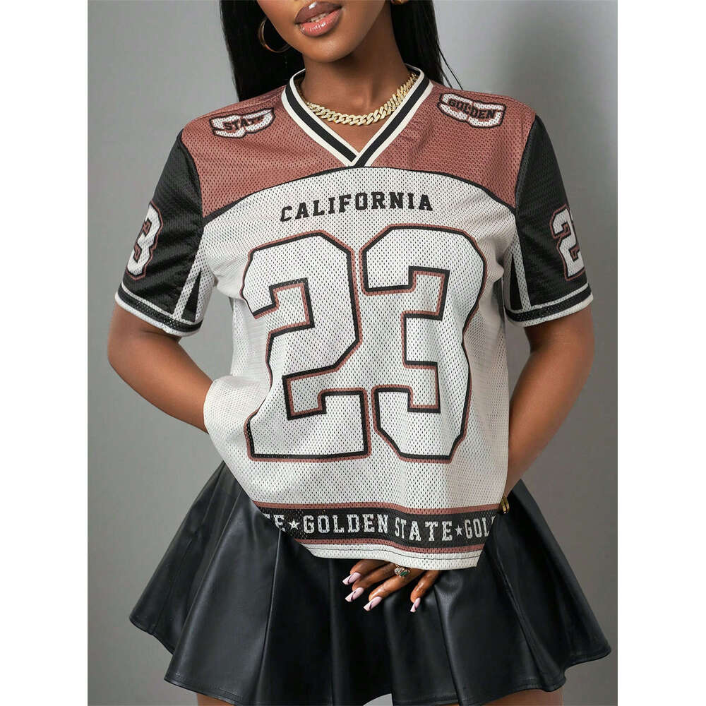 American Street Style Color Block Number Print Sheer Loose Short Sleeve Top For Women B5