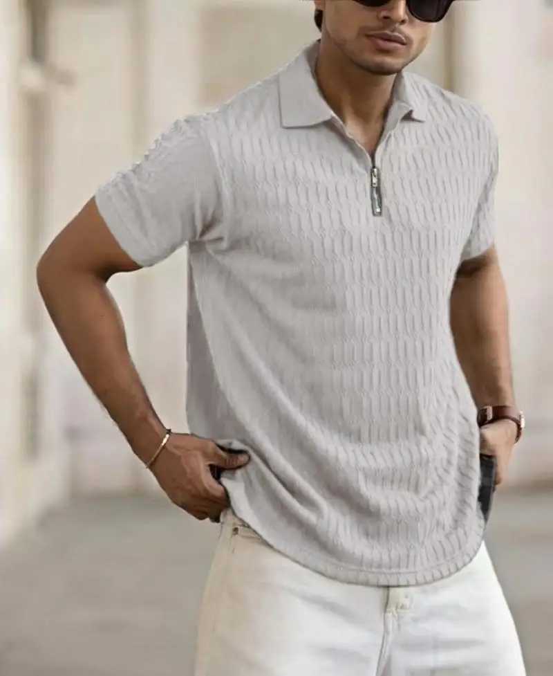 Summer Mens Short-Sleeved POLO Shirt Elastic Breathable Mens T-Shirt Fashionable Solid Color Zipper Outdoor Sports POLO Shirt W250616