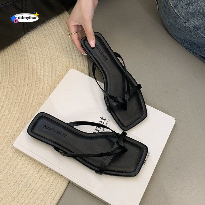 Flat Clip-On for Women, Outdoor Wear, 2025 Summer New Simple Elegant Korean Style Square Toe Beach Sandals ddmythur