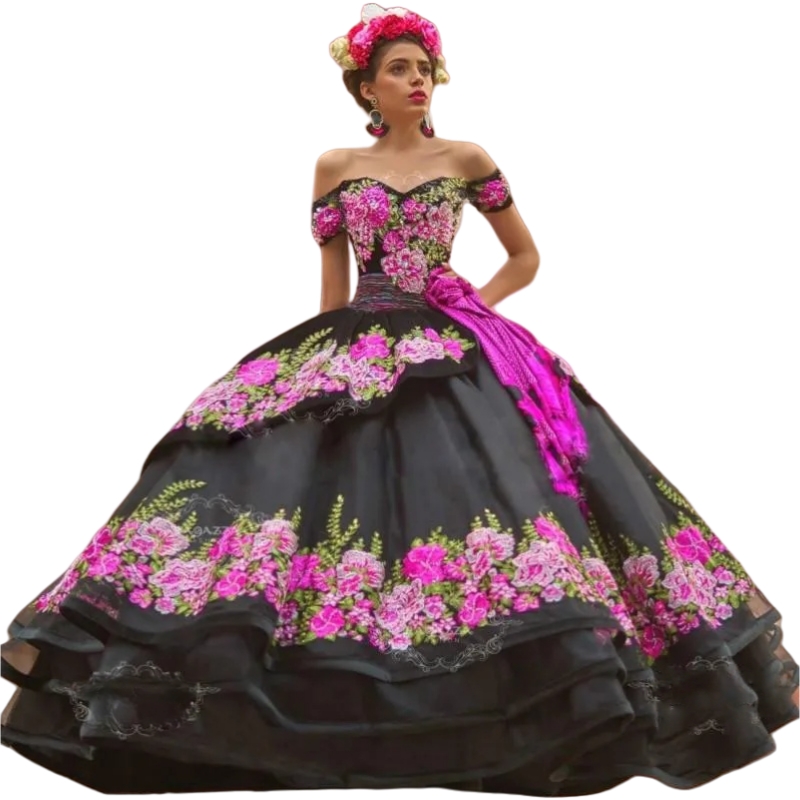 Elegant Charro Black Quinceanera Dresses With Floral Lace Appliques Off Shoulder Classic Long Prom Ball Gown Sweet 16 Dress