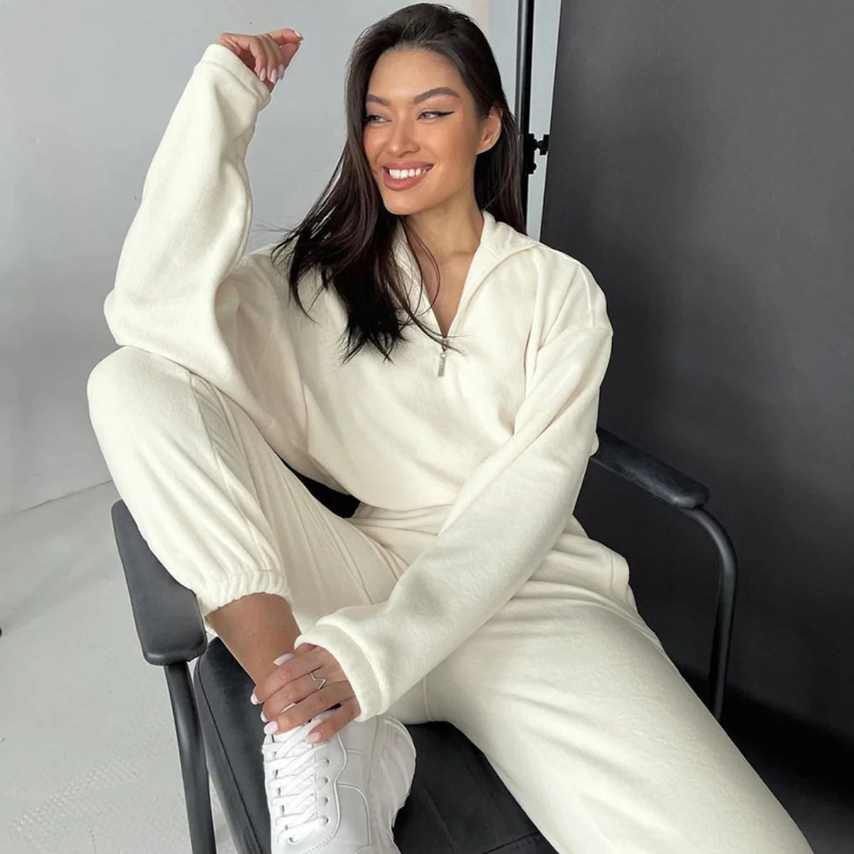 Fashion Women Sport 2-piece Set Casual Long-sleeve Half-high Lapel Zipper Hoodie Pocket Trousers Loose Suit Lady Pants Outfits 250614