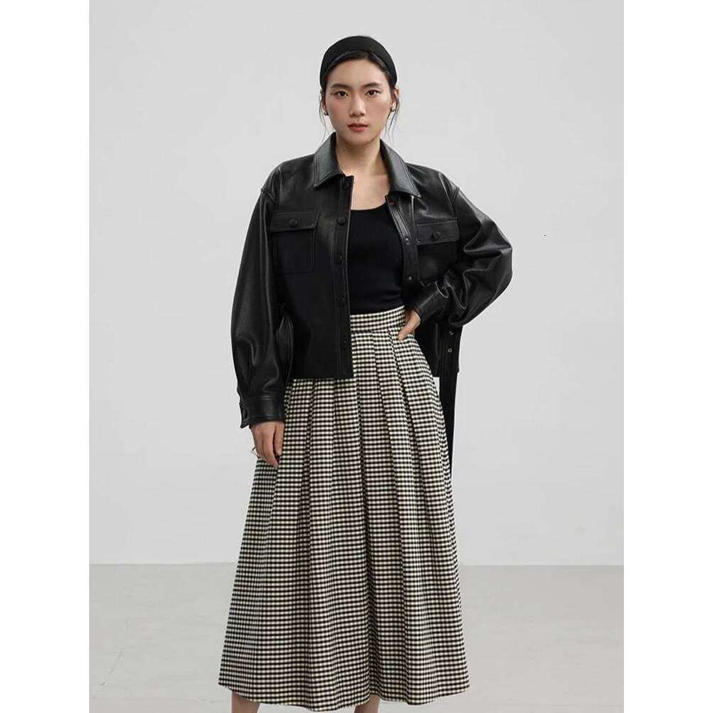 Casual Black Genuine Leather Jackets for Women Spring Autumn High-end Simple Lychee Texture Short Real Sheepskin Coat with Belt