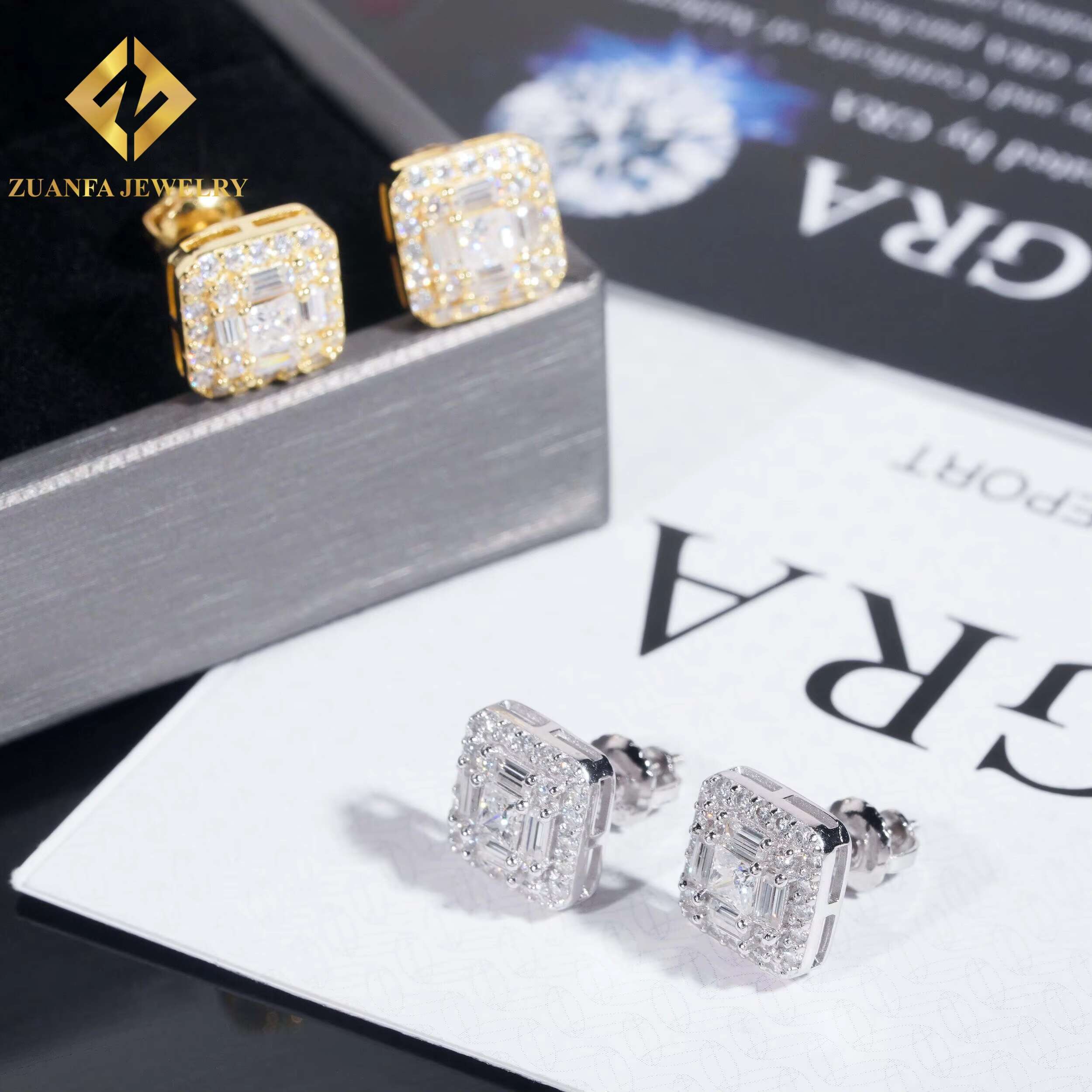 Ready Stock Baguette Cut VVS Moissanite 925 Sterling Silver 9.8mm Hip Hop Earring Jewelry Unisex