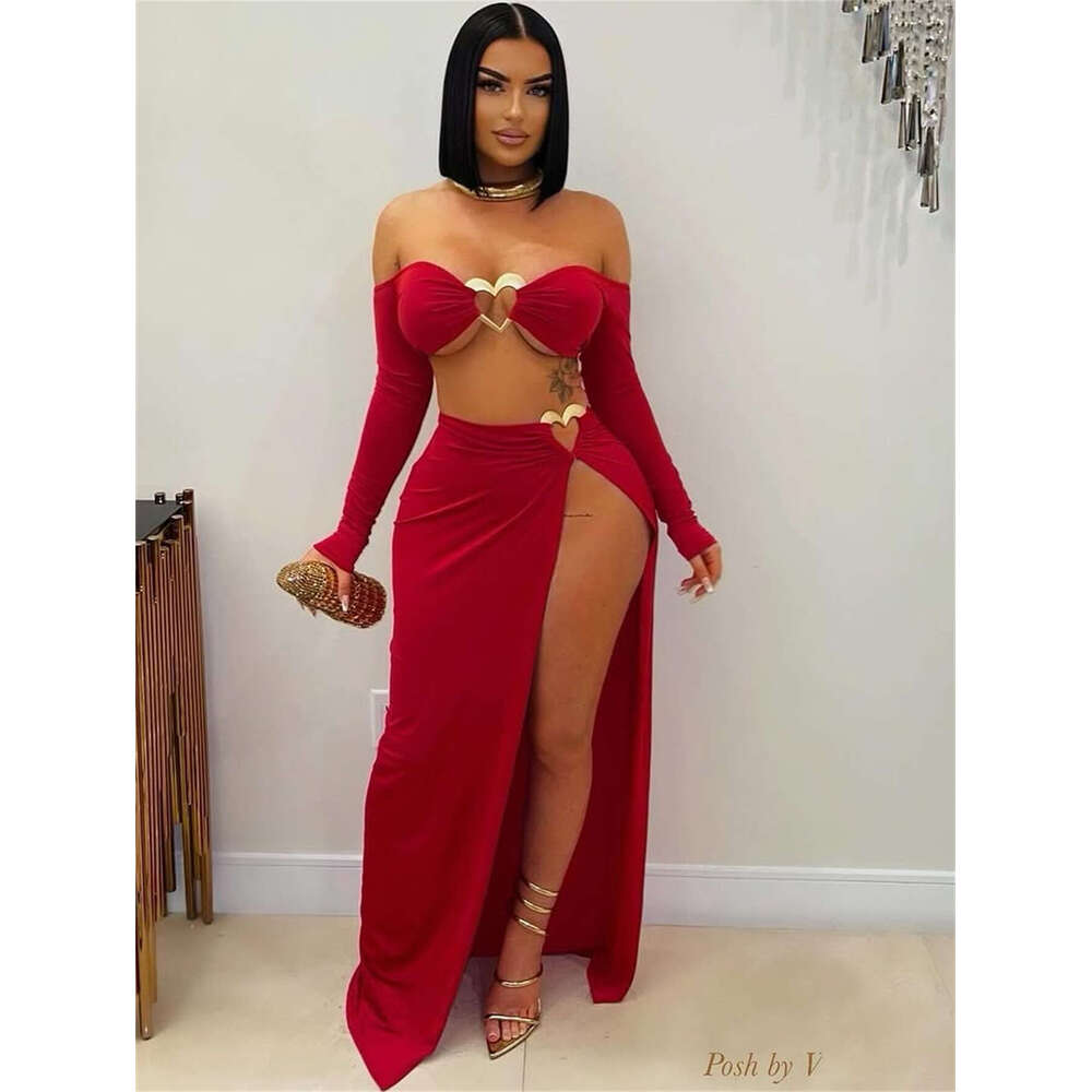 New Solid Color Sleeve Sexy Short Crop Top With Split Long Skirt Set For Women B5