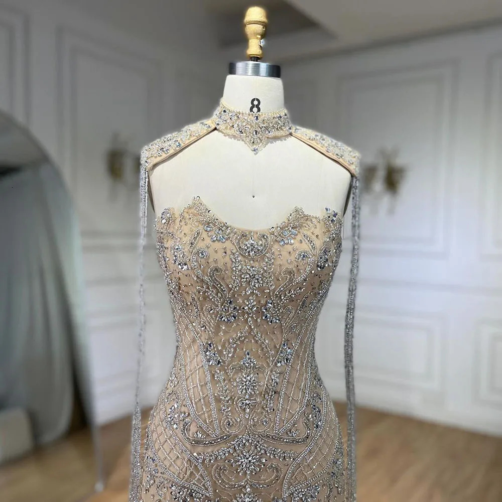 Customized Silver Nude Mermaid Strapless Tassel Beaded y Evening Dresses Gowns For Women Wedding Party LA72237 250612