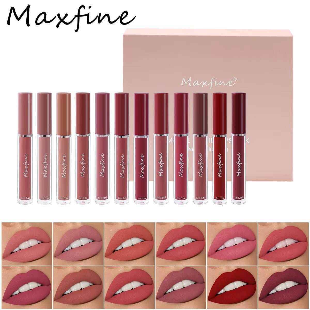MAXFINE 6 pieces/set matte liquid lipstick set, fading non stick to cup gloss, waterproof and long-lasting lip gloss happy