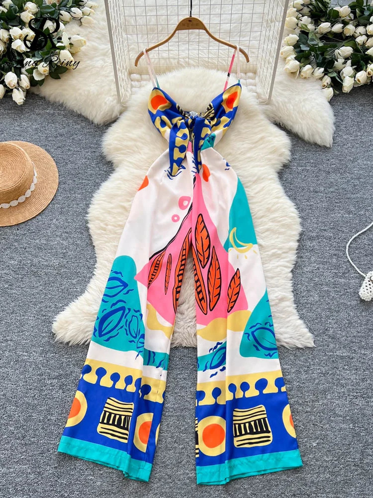 SINGREINY Holiday Casual Long Jumpsuits Female Strap Cross V Neck Ruched Slim Backless Playsuits Summer Beach Print Rompers 250612