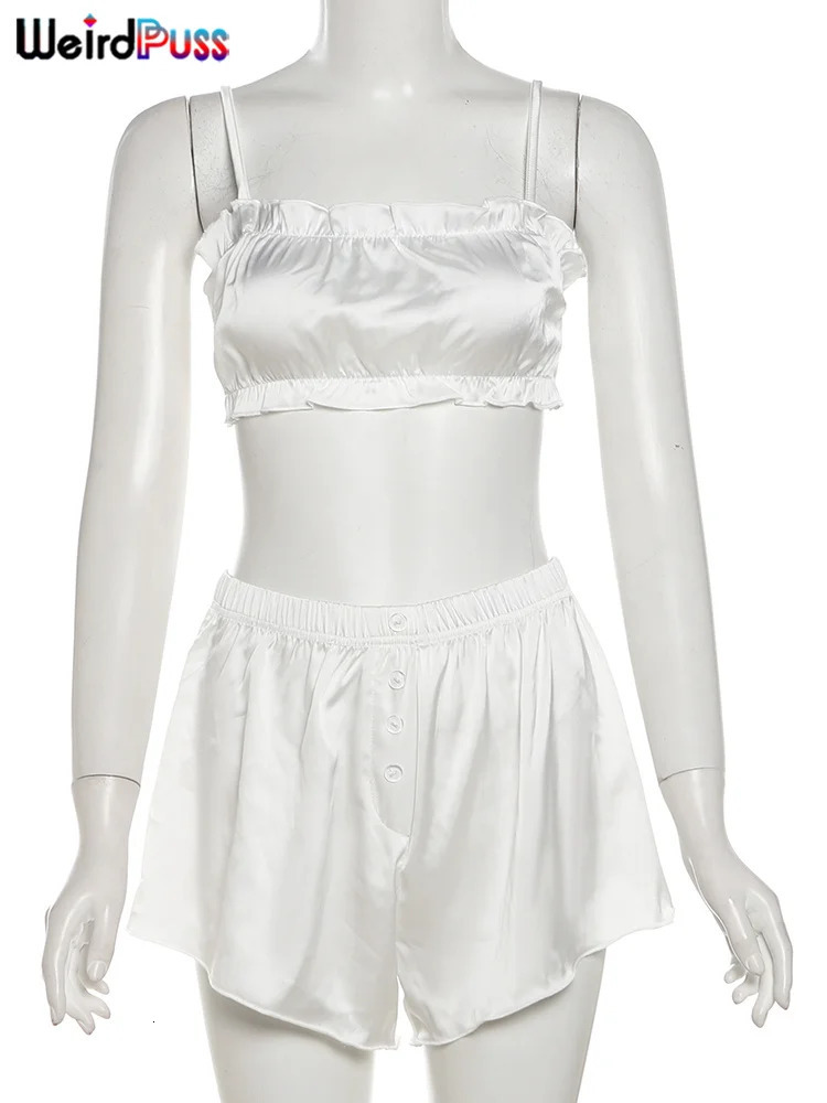 Weird Puss Silky Elegant Women 2 Piece Set Casual Sleeveless Ruffles CamisoleButton Shorts Matching Streetwear Casual Outfits 250614