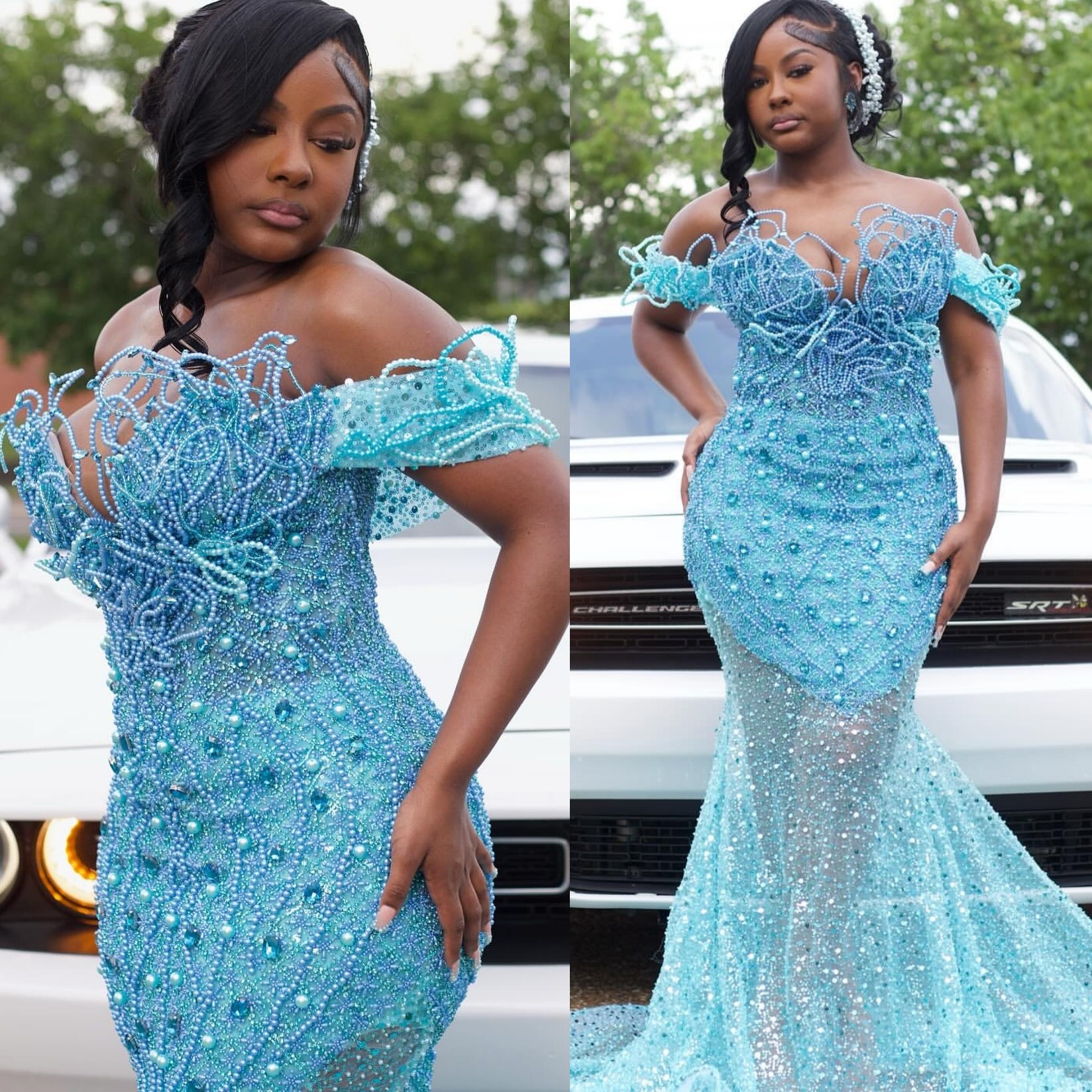 Sky Blue Mermaid Prom Dresses 2025 Pearls Crystals Sequined Stylish Evening Formal Party Second Birthday Engagement Gowns Plus Size Dress For Special 