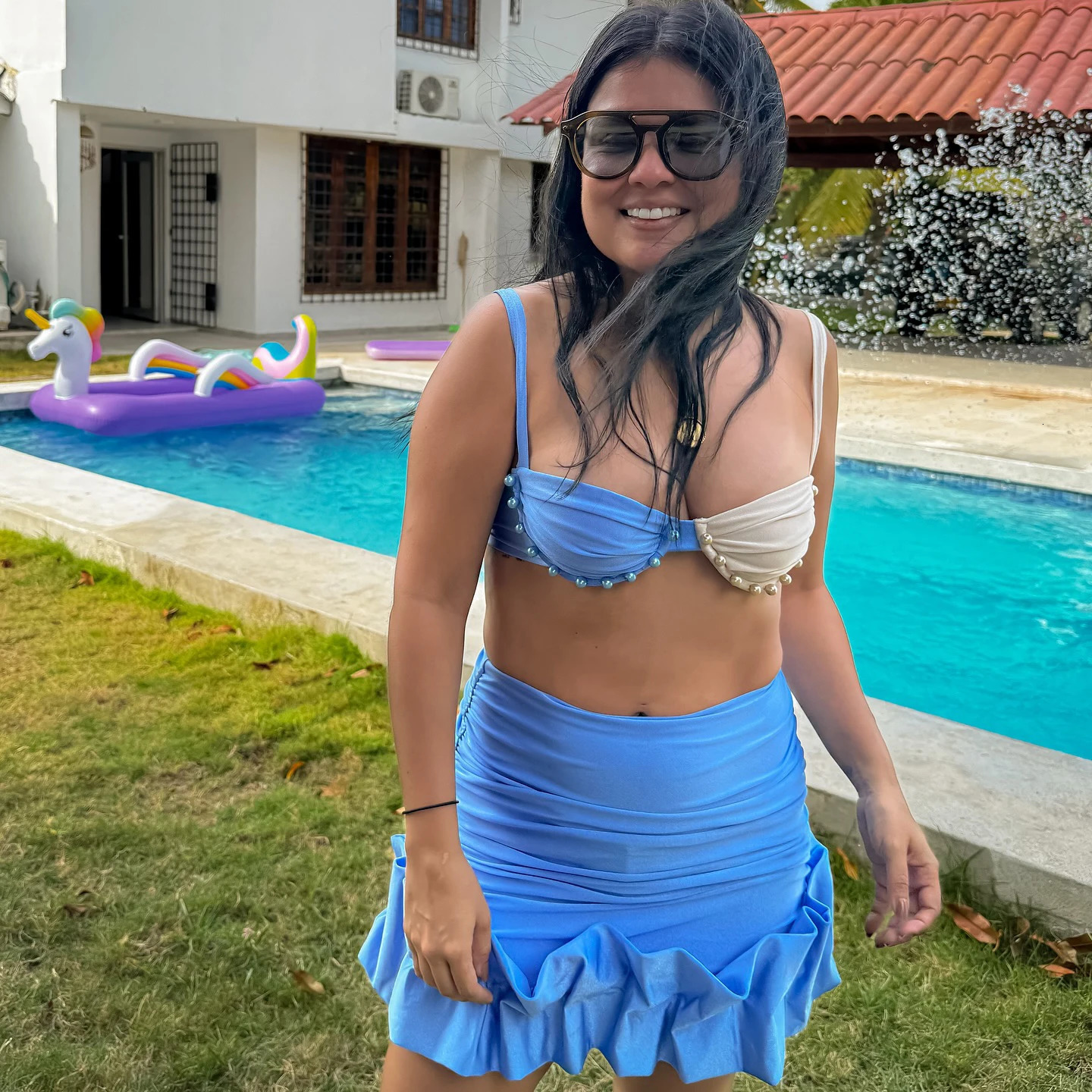 3Pcs Pearl Bikini Sexy Swimsuit Women Swimwear Female Floral Biquini Mini Skirt Push Up Bathing Suits Bodysuit Beachwear 250614