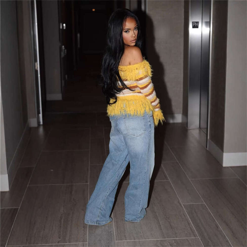 New Fashion Trend Color-Block Long Sleeve Slim Fit Fringe Design Off-Shoulder Sweater For Women B5