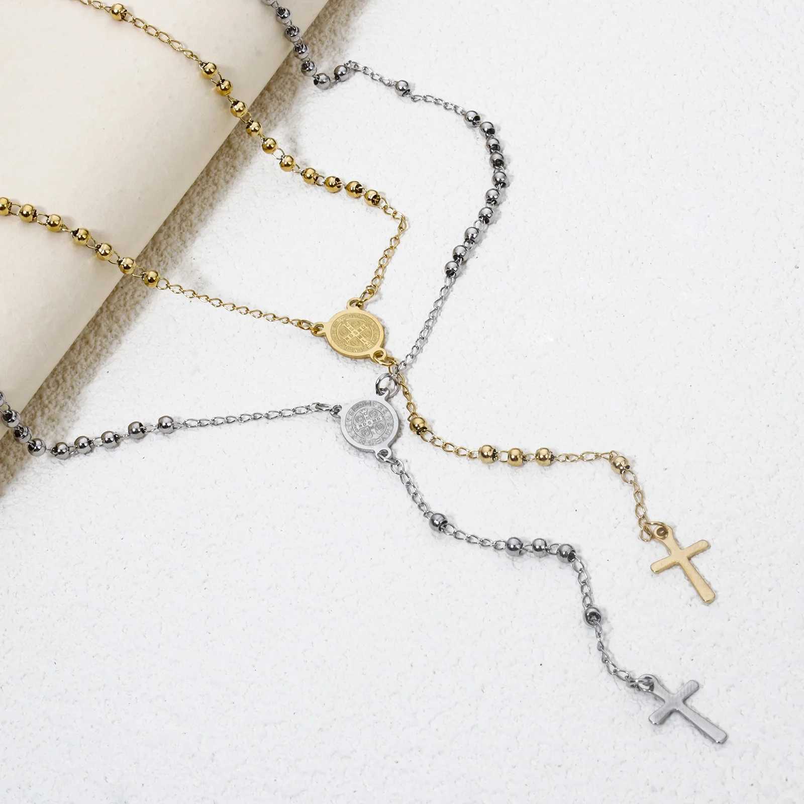 1 Piece Religious 304 Stainless Steel Prayer Beads Rosary Necklace Cross Pendant For Women Jewelry Gifts 52cm(20.5) long M250617