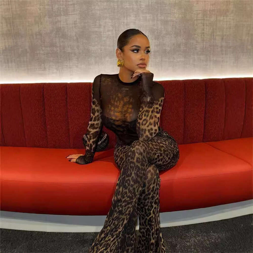 Summer New Mesh See-Through Sexy Hot Girl Sleeve Top And Long Pants Leopard Print Set B5
