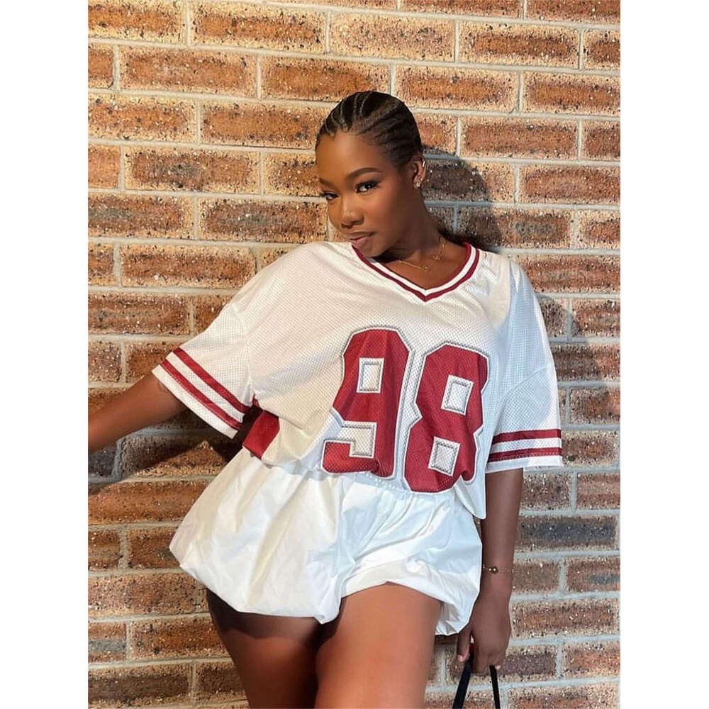 New Street Style Loose Casual V-Neck Fashion Printed Sports Short Sleeve T-Shirt Color Block Top B5