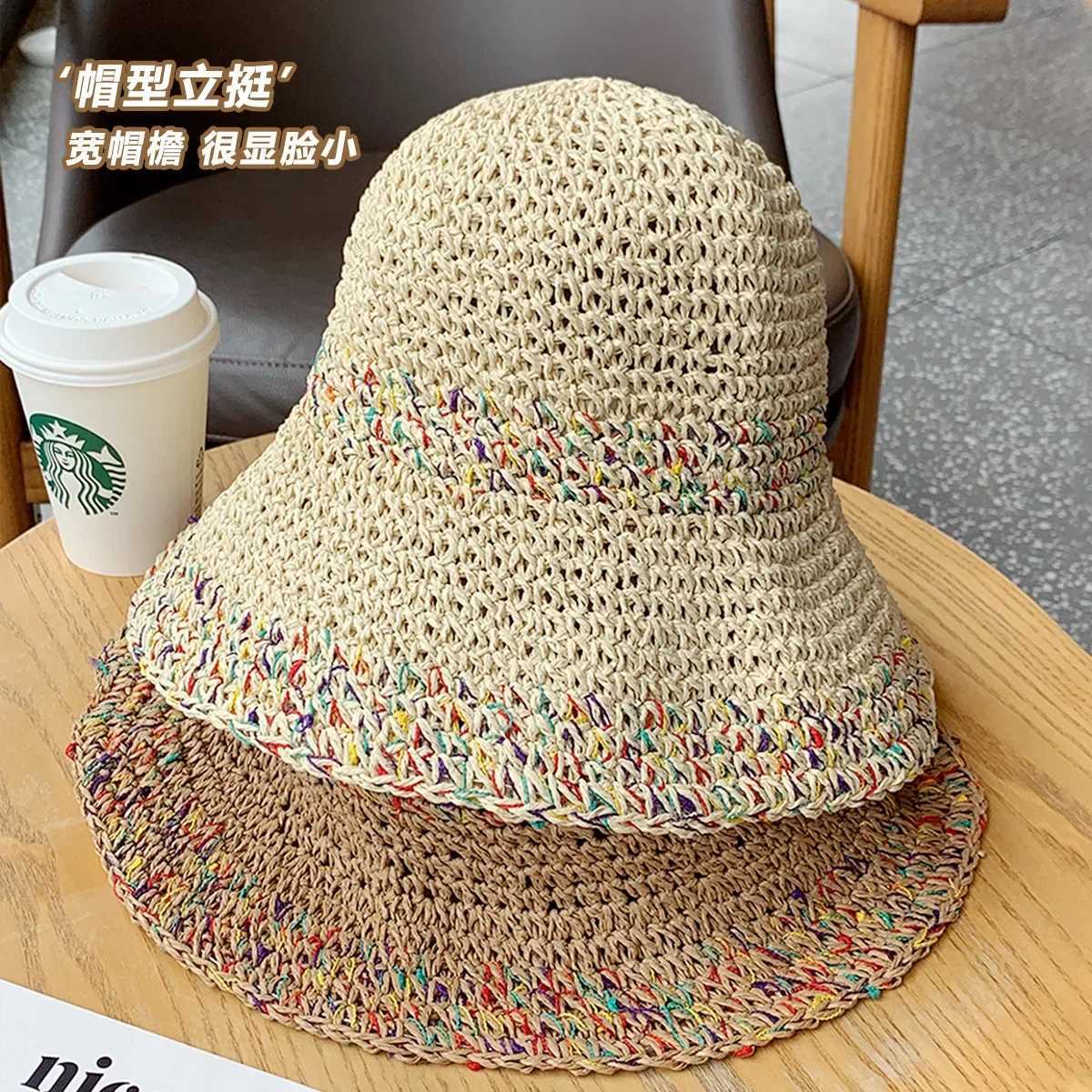 Womens Braided Straw Fisherman Hat UPF50+ Wide Brim Face Slimming Summer Beach Vacation Laser Cut Fashionable Sun Hat M250616