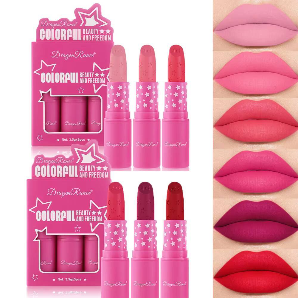 3Pcs/Box Matte Waterproof Korean Makeup for Women Lipstick Set Cosmetic Beauty Long Lasting High Pigmented Lipgloss happy