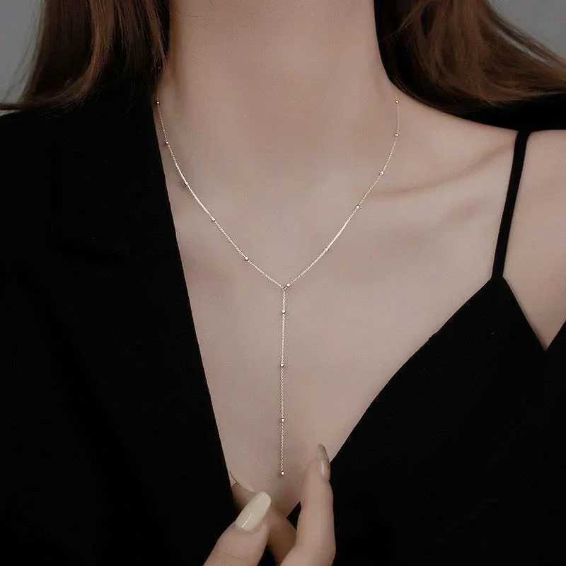 LATS Gold Color Double Layered Long Tassel Chain Necklaces for Women Simple Metal Geometric Bead Choker Necklace Fashion Jewelry W250616