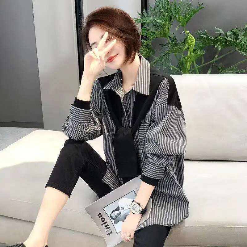 Clothing Black Top For Woman Spring Womens Shirts And Blouses Printed Loose Striped Fashion 2025 Streetwear Offer Stylish
